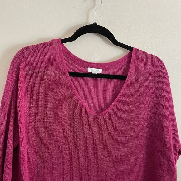 J.Jill Women M Petite Fuchsia Linen Blend Knit Pockets 3/4 Sleeve V-Neck Sweater - Picture 5 of 11